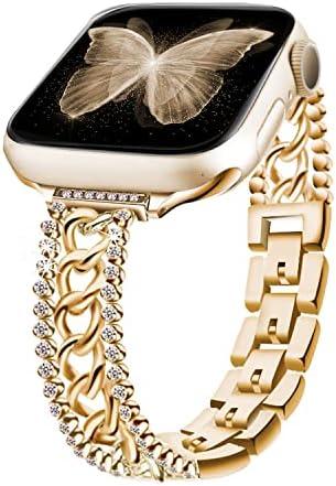 beu1st Bling Chain Bracelet Compatible Band 41mm 40 mm 38mm, Women Dressy Glitter Diamond Rhinestone Stainless Steel Metal Bands for Iwatch Series 9/8/7/6/5/4/3/2/1/SE Gold