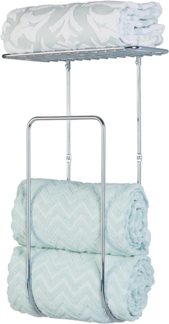 Steel Wall Mount Towel Rack Holder Organizer with Basket Shelf Storage for Bathroom, Kitchen, Laundry Room - Holds Towels, Washcloths, Hand Towels - Concerto Collection - Chrome