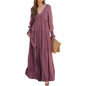 R.Vivimos Maxi Dress for Women Long Sleeve V Neck Empire Waist Layered Ruffle Boho Casual Flowy Long Dresses (Small)