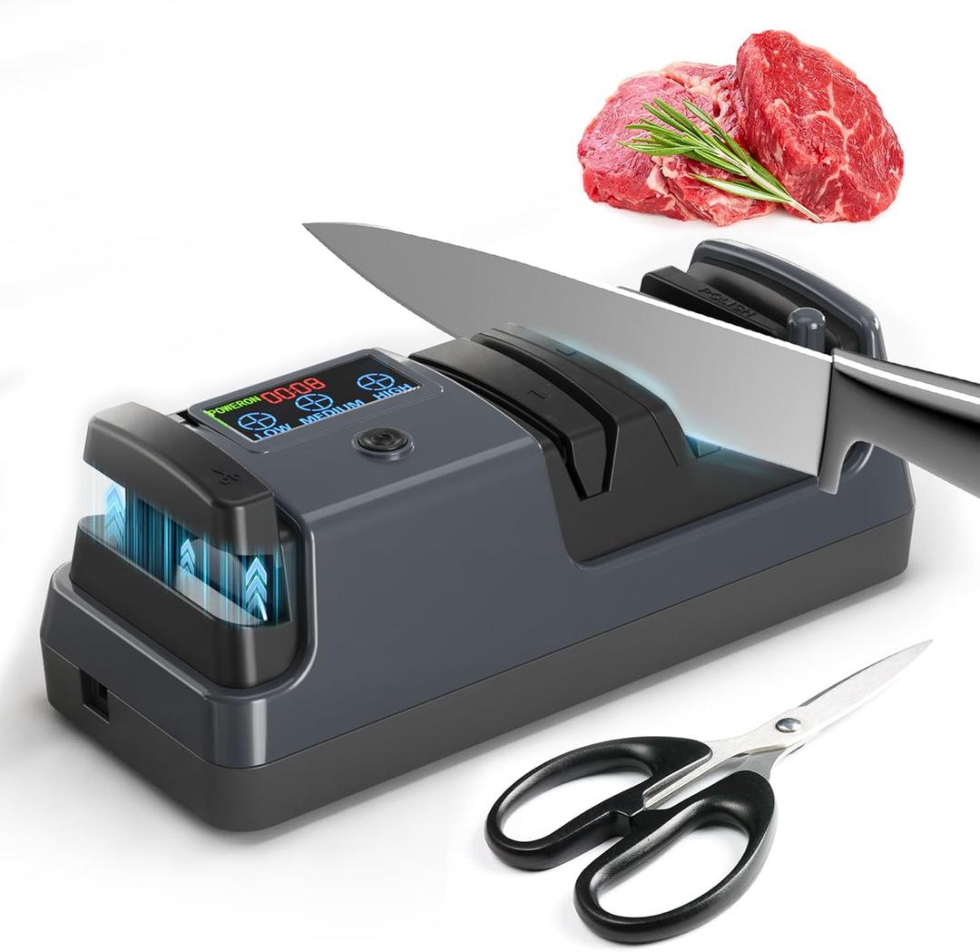 5-in-1 Electric Knife Sharpener for Kitchen Knives, with 100% Diamond Abrasives, 3 Adjustable Speeds, Quickly Sharpening for Straight/Serrated/Kitchen Knives, Scissors