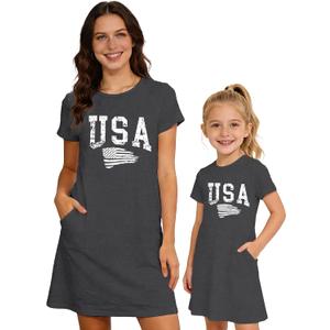 Mommy and Me Dresses Mother Daughter Matching Dresses with Pockets Mama or Mini Short Sleeve Outfits (Gray)