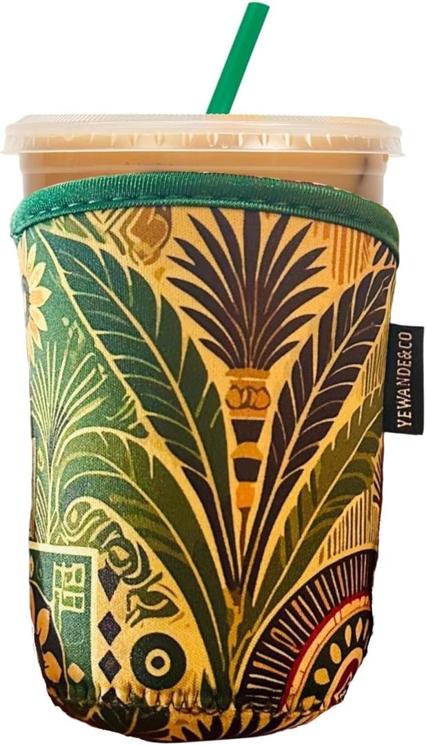 Neoprene Insulated Cup Sleeve for Iced Coffee, Hot & Cold Beverages  Reusable, Washable Drink Holder Cup Sleeve  Anti-Slip, Eco-Friendly, Multi-Color Design (PALMS, MEDIUM)