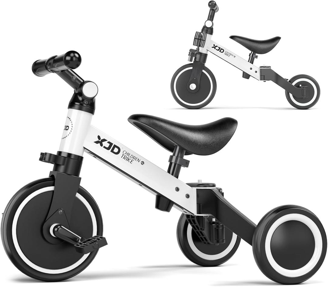 XJD 5 in 1 Toddler Bike, Tricycle for Toddlers 1-3 with Adjustable Seat Height, Removable Pedals, Ideal Balance Bike Birthday Gifts and Toys for Boys and Girls (White Black)