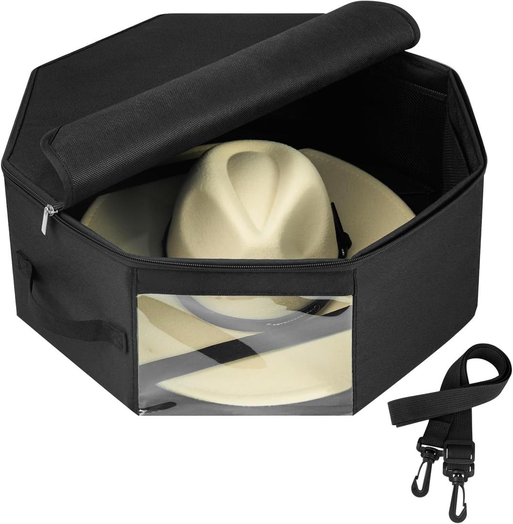 Hat Box for Travel & Home Closet Storage, Side Reinforced Octagonal Case, Crush-proof, Dust-proof for Cowboy, Panama & Fedora Hats, Black