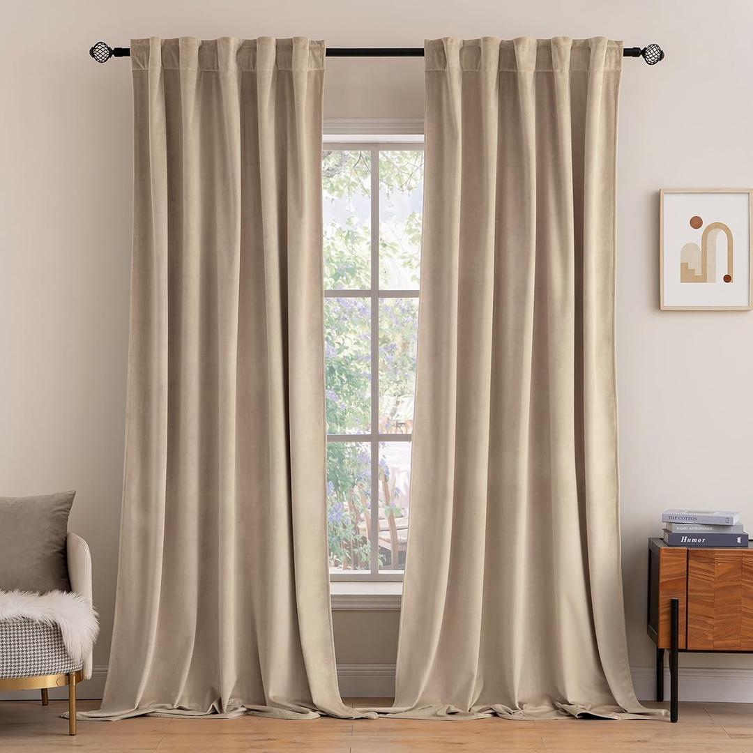 MIULEE Velvet Curtains 2 Panels Luxury Blackout Curtains for Bedroom Living Room Thermal Insulated Super Soft Window Drapes Rod Pocket & Back Tab, Camel Beige, W52 x L72 inches