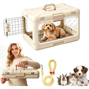 Foldable Hard Cat Carrier, Transparent Pet Crate for Cats & Small Dogs, Collapsible Travel Kennel with Ventilation & Urine Pad Mesh Grid, Portable Travel cage, Essential for pet Travel, Apricot