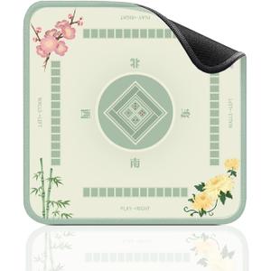 Zen Floral Mahjong Mat 32.4x32.4 Inch - Light Green American Mahjong Table Mat with Cherry Blossom Bamboo Chrysanthemum Artwork, Anti-Slip Rubber Waterproof Foldable Gaming Pad