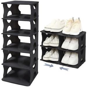 TXALWIQ 6-Tier Thickened Shoe Rack, Stackable Storage Organizer for Bedroom Entry, Adjustable Rack, Shoe Slots Shelf, Easy Tower Rack, Black 2 Packs