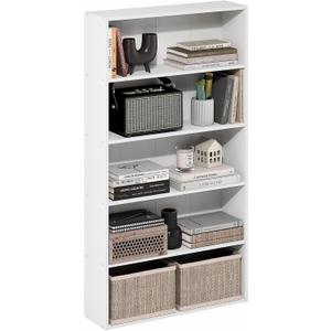 Furinno Basic Book Shelf, 5-Tier Bookshelf, Storage Organizer Bookcase with Open Shelf, 7 x 24 x 44, for Living Room, Bedroom, Home Office, White
