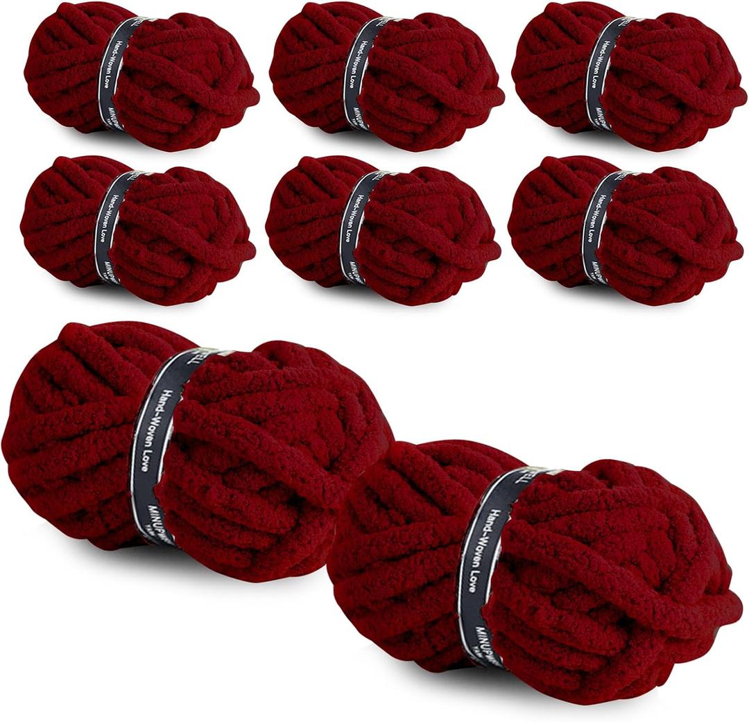 8 Packs Jumbo Chunky Chenille Yarn - 1820g(64oz) 254 Yards (761ft) Bulky Yarn - Chunky Yarn for Hand Knitting Blanket,Cushions, Pet Bed - Soft and Durable(Wine Red)