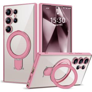 Compatible with Samsung Galaxy S24 Ultra Case with Magnetic Ring Stand [Compatible with Mag-Safe] [Full Camera Lens Protector] Plating Clear Phone Case for S24 Ultra 6.8", Pink