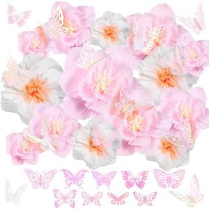 Cholemy 54 Pcs Tissue Paper Flowers with Butterflies Set 3 Sizes Flower Wall Decor Artificial 3D Crepe Paper Floral Decorations for Wedding Party Bridal Shower Birthday Nursery Backdrop, 2 Colors