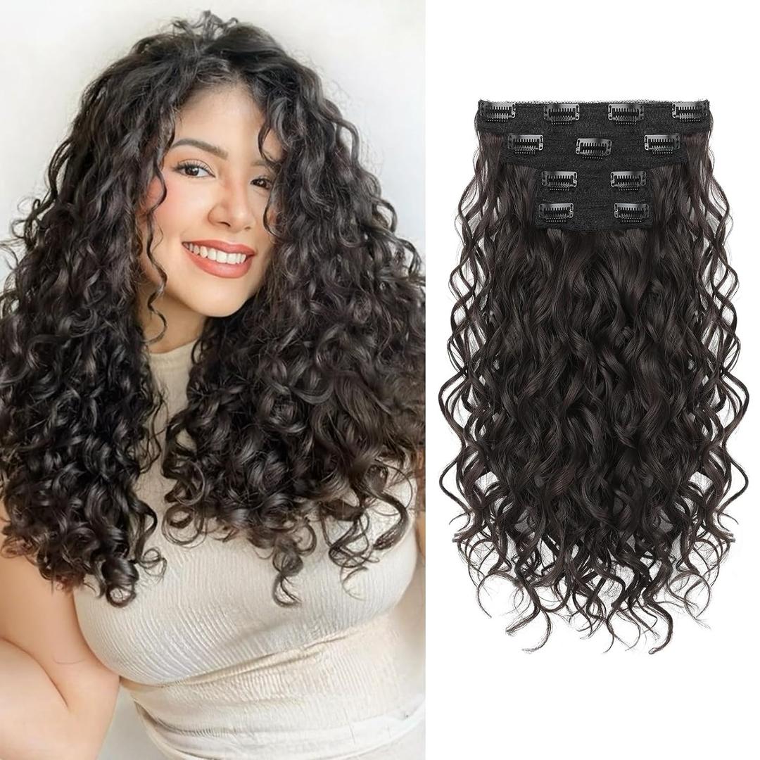 REECHO Curly Hair Extensions, 4PCS 16 inch Clip in Hair Extensions Lace Weft Short Curly Hair Extension Clip Ins Invisible Natural Hairpieces for Women, Natural Black Brown
