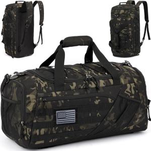 3-in-1 Tactical Gym & Travel Duffle Bag Backpack Men Multi-Functional 45L Military Sports Duffle Bag with Shoe Compartment & Wet Pocket for Workout Weekender Overnight Bag with Molle Webbing, Camo