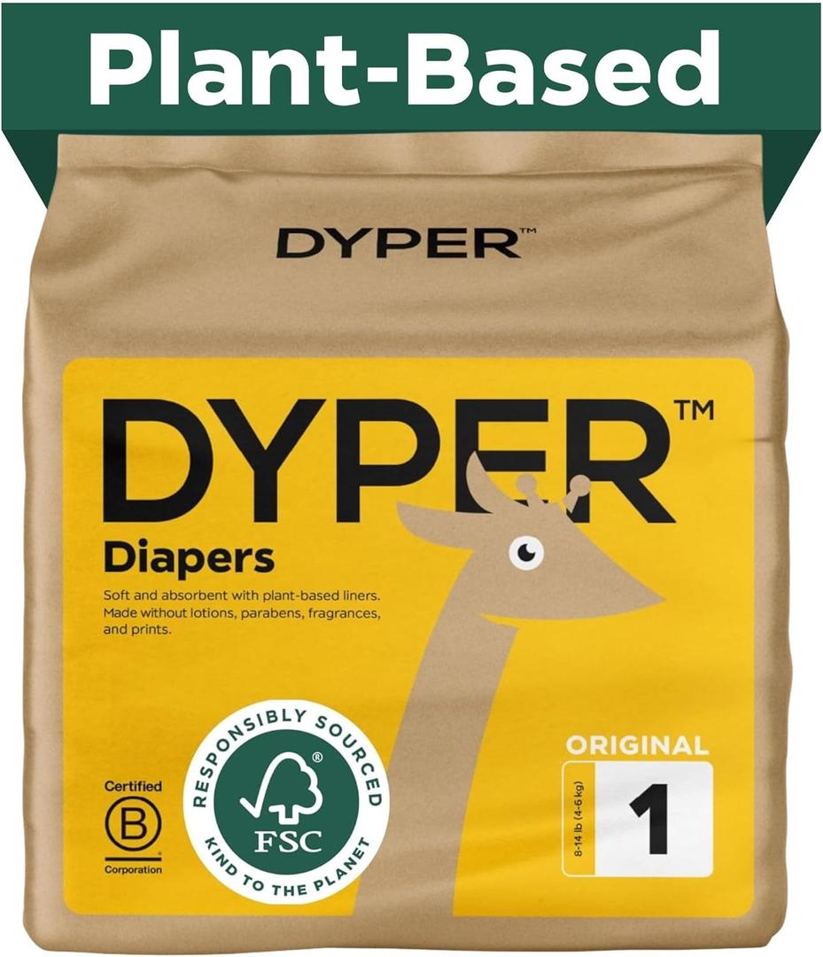 DYPER - Baby Diapers Hypoallergenic Cloth Alternative Day & Overnight Protection - Made with Plant-Based* & Honest Ingredients - Size 1 (36 Count)