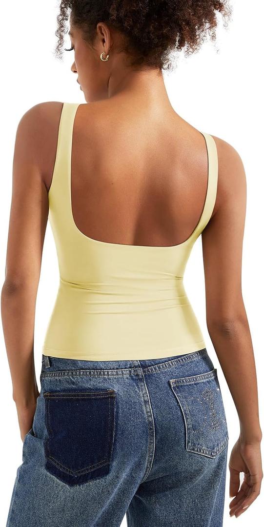SUUKSESS Women Padded Open Back Boat Neck Tank Tops Double Lined Basic Shirts,Large