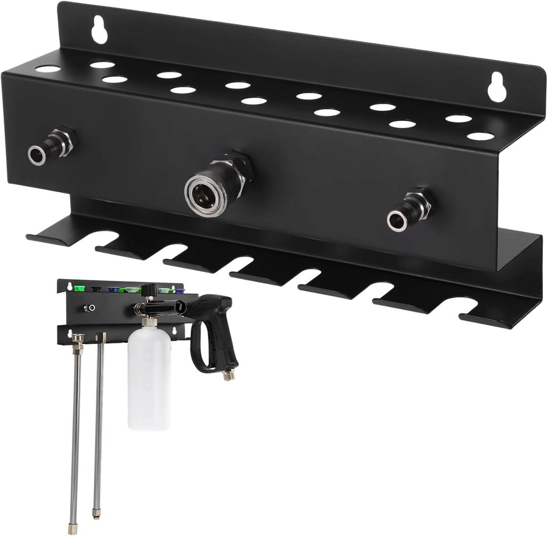 Metal Pressure WasherGun Holder with Central Hose Connector, Wall Mount Tool Organizer with Multiple Nozzle Slots, Garage Tool Rack Wall Mount Fits Most Foam and Pressure Washer Guns