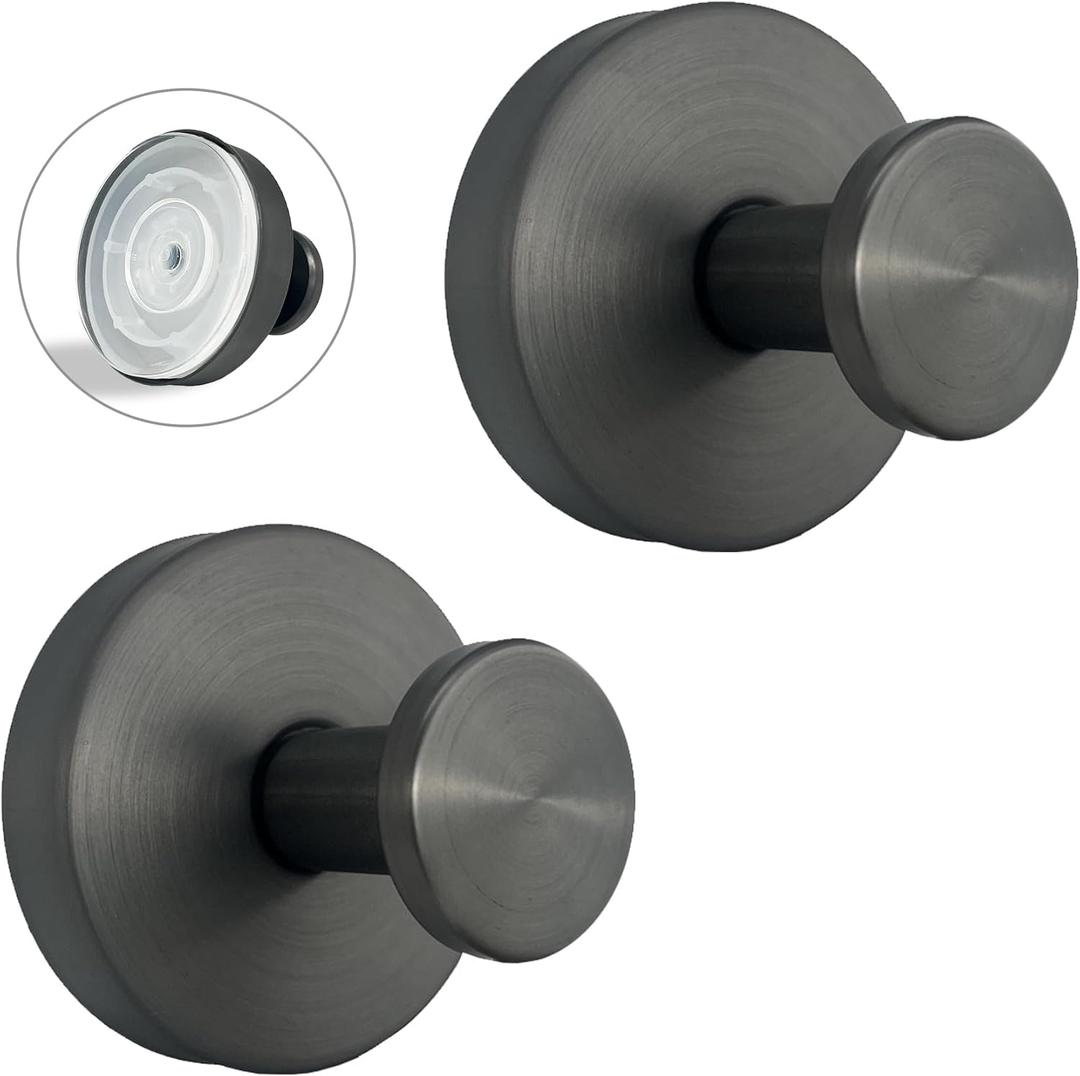 Suction Cup Hooks for Shower - 2 Pack, Gray - Stainless Steel, Strong Suction, No Drill, Removable Hanger, Tile Bathroom Kitchen Wall, Glass Door, Mirror Hook Hanging Robe, Towel Holder