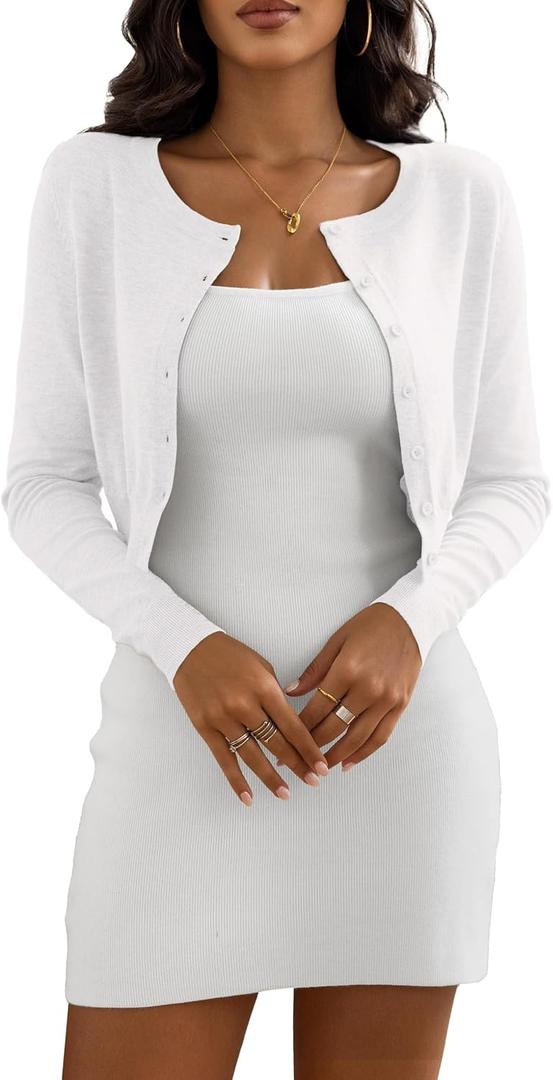 Women's Cropped Cardigan Sweaters Crew Neck Button Down Open Front Knit Bolero Shrugs (White, S)