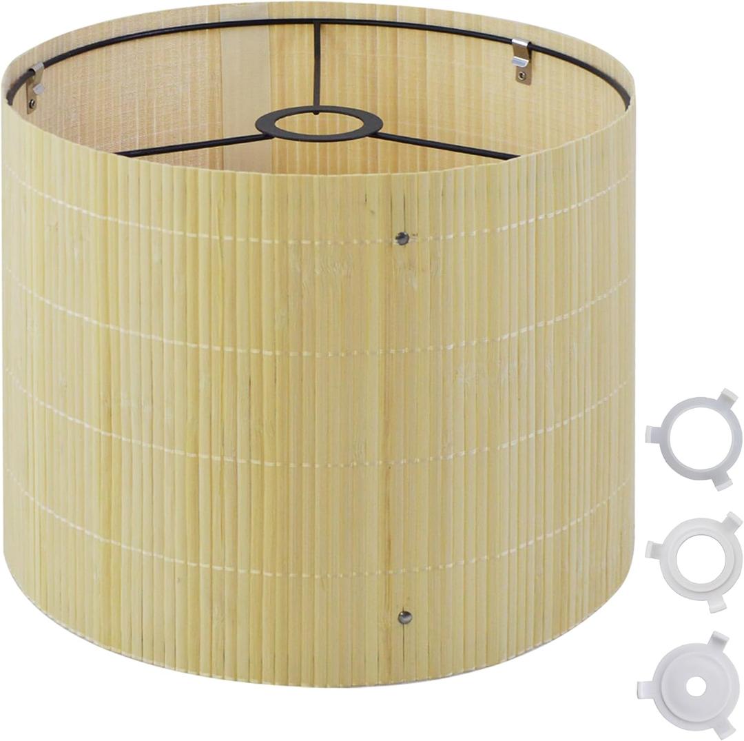Bamboo Lamp Shade With Tropical Plants Chandelier Covers, Bohemian Farmhouse Drum Lamp Shade for Table Lamp Floor Lamp, Rustic Rattan Light Fixture for Bedroom Living Room (13x13x10 inch)