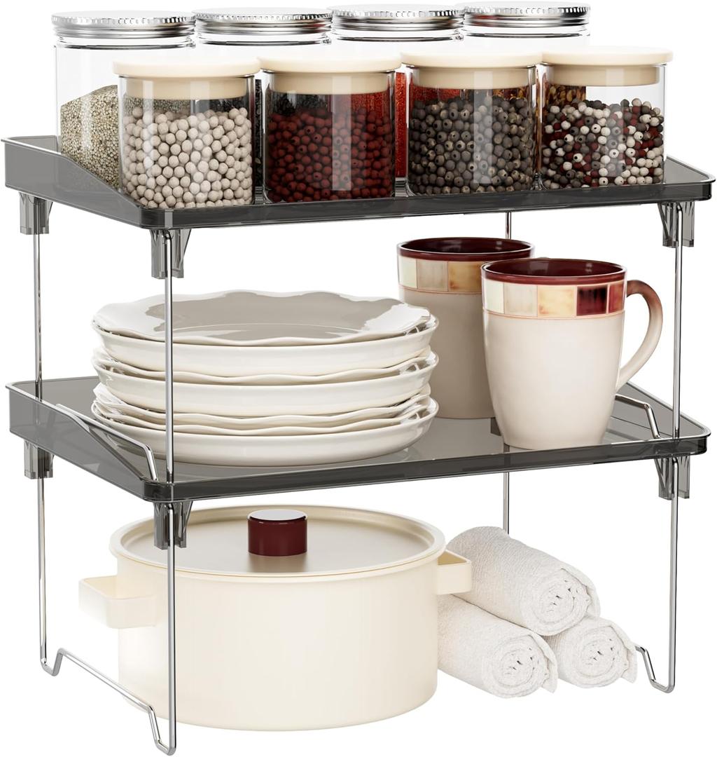 2 Pcs Cabinet Organizer ShelfStackable Kitchen Counter Shelves, Spice Rack,Countertop OrganizersBlack Plastic Storage Shelves Rack for MakeupBathroom, CupboardDeskPantry Organization