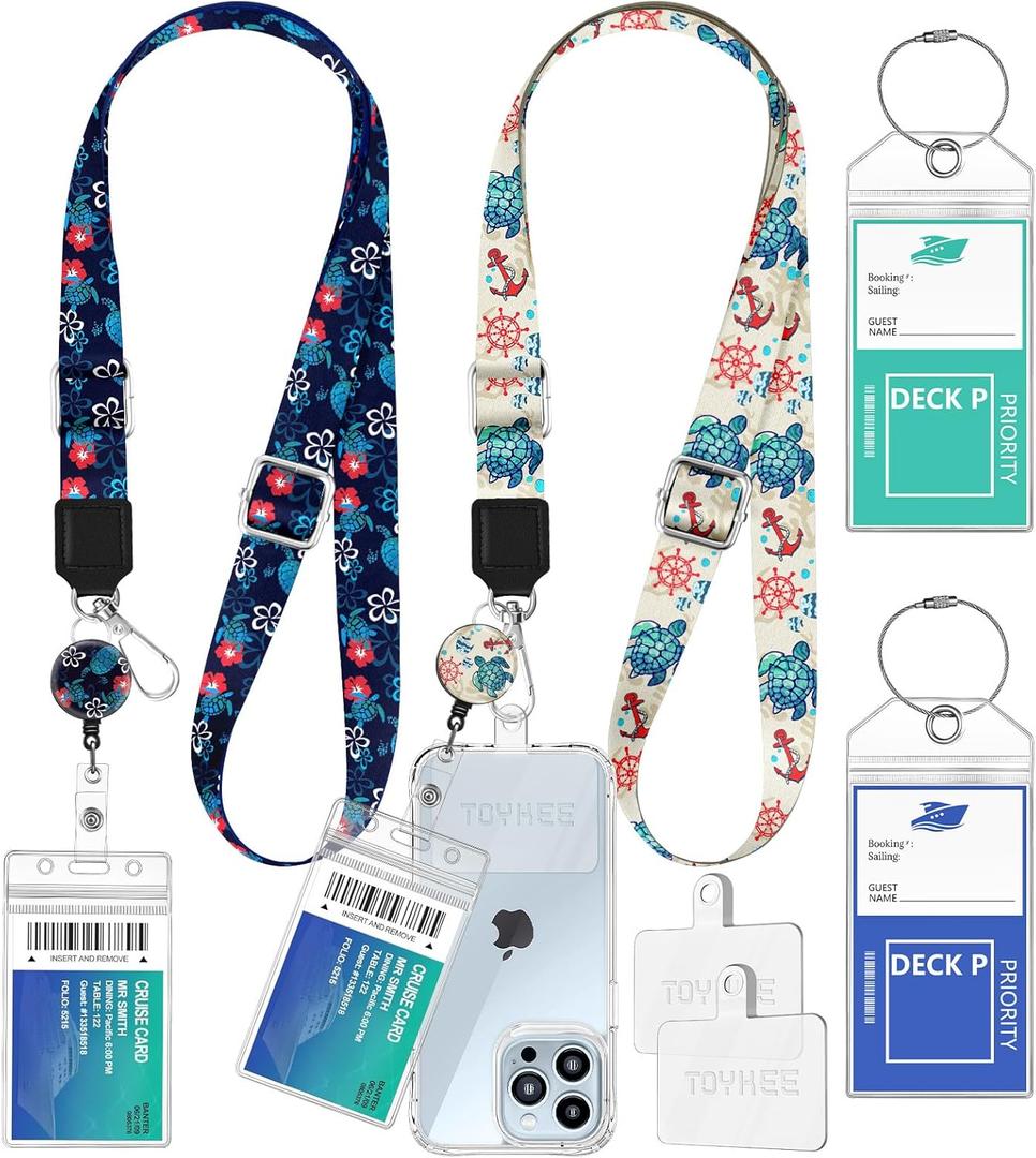 2-in-1 Cruise Lanyard Phone Holder, Crossbody Around Neck Ship Cards Cellphone Lanyards with Retractable Reel Waterproof Key Card Holder Luggage Tags for Carnival Royal Caribbean 2 Pack, Sea Turtle