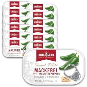 King Oscar Mackerel in Olive Oil with Jalapeño Peppers, 4.05 Ounce Cans (Pack of 12), Skinless & Boneless, Wild Caught Canned Mackerel Exp. 12/09/2030