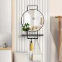 BEAUTME Wall Mirror with Shelf and Hooks, Round, Modern, 30x20 Inch Black