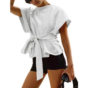 Zhiyouni Women's Summer Short Sleeves Tee T Shirt Crewneck Tie Knot Tops Sweatshirt, XS