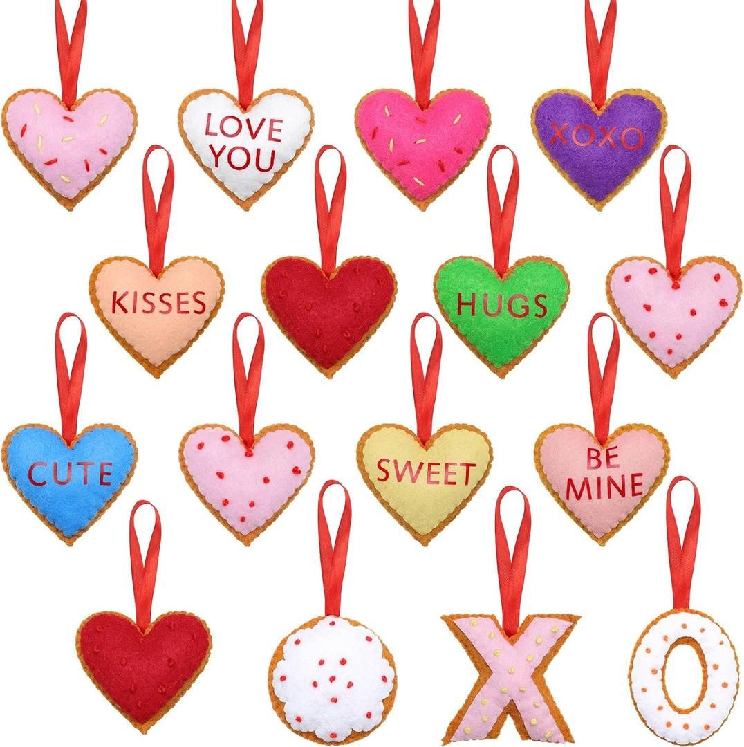 Oudain 16 Pieces Valentine's Day Felt Heart Ornaments Cookie Felt Hearts Hanging Baubles Decors for Valentine Wedding Anniversary Party Supplies