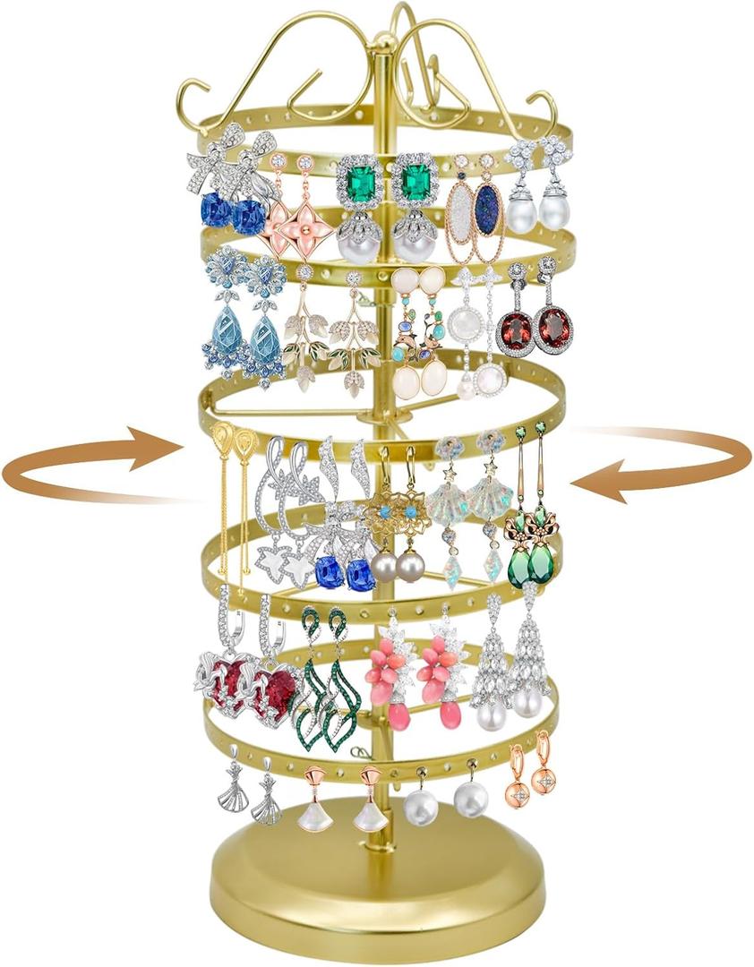 5 Tiers Rotating Earring Holder Organizer, Adjustable Earring Stand Organizer with 220 Holes, Metal Jewelry Display Stand for Women (Gold)