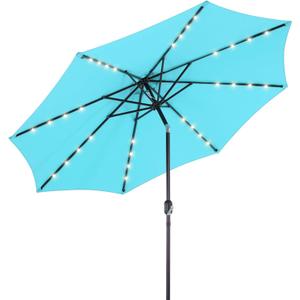 SMUG 10FT Solar Patio Umbrella with 32 LED Lights, Outdoor Umbrellas with Push Button Tilt and Crank, Tilting Umbrella with 8 Sturdy Ribs for Market, Beach, Pool, Garden, Deck, Backyard, Terrace, Blue