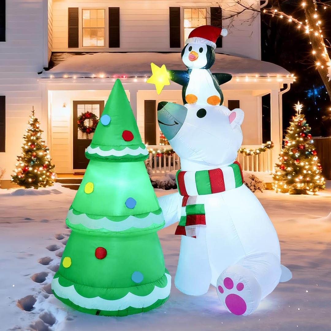 Joiedomi 6 ft Christmas Polar Bear Inflatable Decoration, Polar Bear with Penguin & Xmas Tree Inflatable Dcor with Build-in LEDs Blow Up for Christmas Party Outdoor, Yard, Garden, Winter Decoration