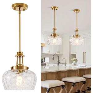 Modern Pendant Lights Kitchen Island, Brushed Gold Pendant Light Fixtures with 10" Clear Hammered Glass Shade, Industrial Hanging Pendant Lights Fixture for Kitchen Island Dining Room Bedroom Entryway