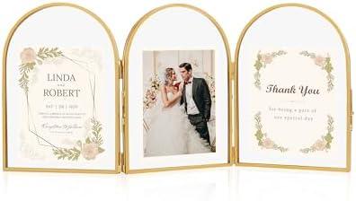 Jajamy 5x7 Triple Picture Frames, Arched Folding Hinged Brass Picture Frames for Three photos, Glass Floating Frame for Artwork Tabletop Display(5x7 Vertical)
