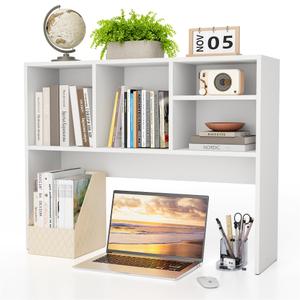 Clikuutory 2-Tier Desktop Bookshelf Hutch, Wood Countertop Storage Organizer with 4 Storage Compartments for Computer Desk, Multipurpose Tabletop Display Rack for Home Office Dorm Bedroom, White