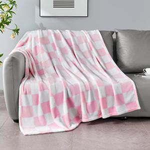 Pink Checkered Blanket, Soft Cozy Fleece Checkered Throw Blankets for Bed Sofa Couch Camping, Ultra Fluffy Throws for All Seasons, 50x60 Inch, Pink