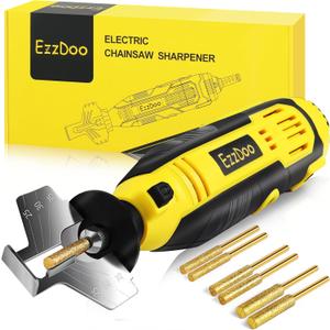 Electric Chainsaw Sharpener Kit with TITANIUM-COATED Diamond Bits - High-Speed Chain saw Sharpener Tool and 6 High Hardness Sharpening Wheels For All Chainsaw Chains.