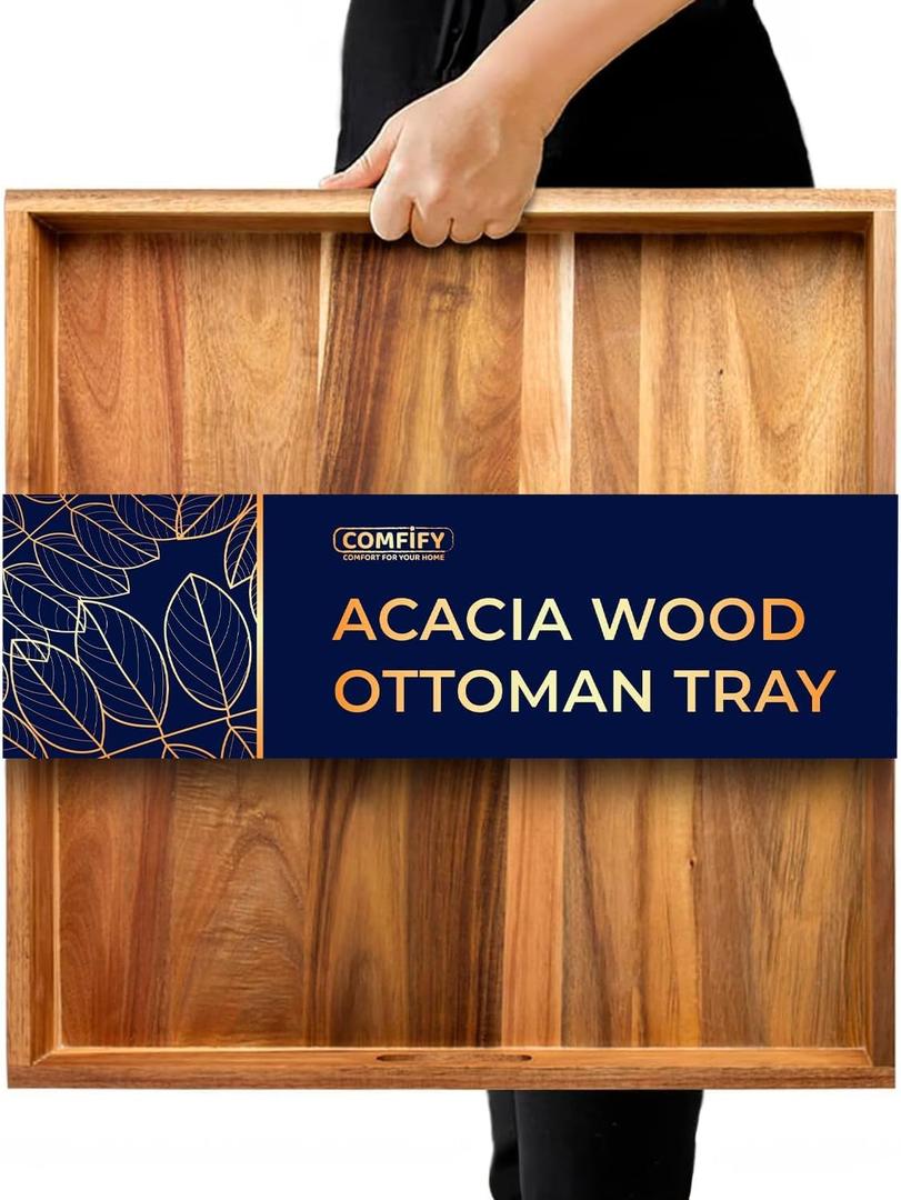 Comfify Extra Large (22") Square Premium Acacia Wood Ottoman Tray with Handles - Use for Serving Food in Style for Dinner, Breakfast, Snacks, BBQ, Entertaining Guests & More - Brown
