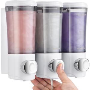 Shampoo and Conditioner Dispenser No Drill Shower Soap Dispenser Wall Mounted Shower Dispenser 3 Chamber with Upgrade Smooth Pump Head Bathroom Body Wash Soap Dispenser Set 450ml*3 White