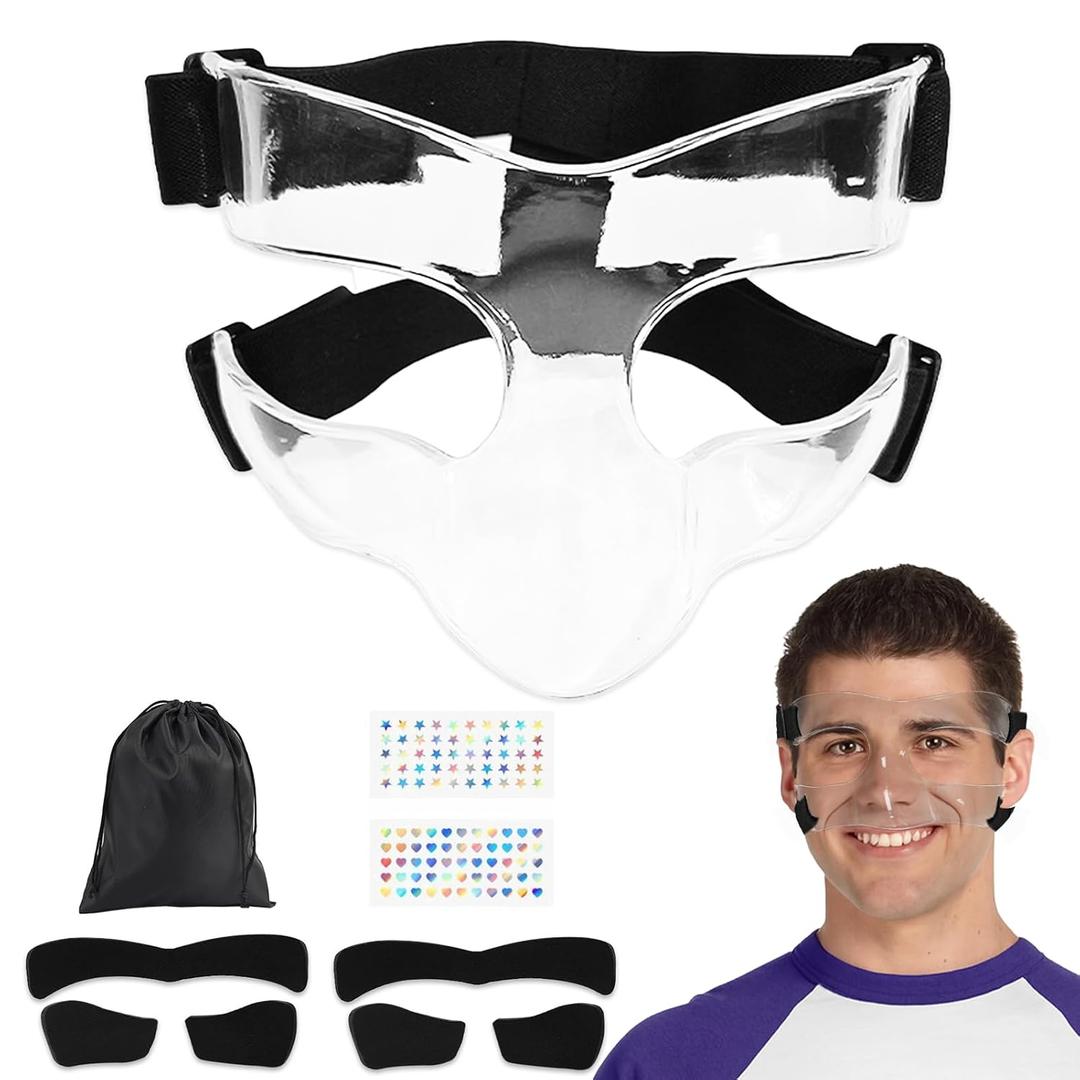 Nose Guard for Broken Nose, Sports Face Shield Masks with Foam Padding, Adjustable Clear Face Guard, Nose & Cheek Protection for Soccer and Basketball Sports, One Size Suitable for Men and Women
