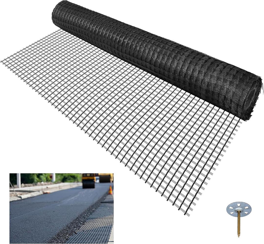 Universal Geogrid Roll 3.84ft x 164ft Retaining Wall Fiberglass Geogrid, 50KN Tensile Strength Driveway Ground Gravel Grid with Mounting Screws for Asphalt Pavement and Soil Road Slope Reinforcement