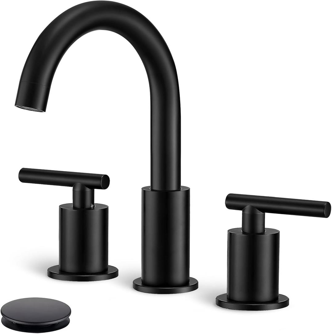 MTTCLE Matte Black Bathroom Faucet 3 Hole, 8 Inch Widespread with Pop-up Drain, 2 Handle Bathroom Sink Faucet, Modern Vanity Faucet for Bathroom Sink with 360° Swivel Spout