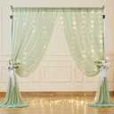 10x10ft Sage Green Tulle Backdrop Curtains with Lights String for Party,Wrinkle Free Sheer Curtain Wedding Photo Backdop Drapes for Baby Shower Birthday Party Photography Home Decorations