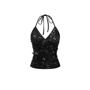 SOLY HUX Women's Y2k Sequin Halter Crop Top Cute 3D Butterfly Glitter Coquette Party Club Tops Pure Black Medium