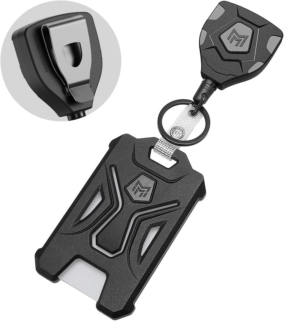 MNGARISTA 1 Pack Heavy Duty Badge Holder, Vertical ID Card Holder for Credit Cards, Clear ID Window, All PC Polycarbonate Plastic Housing, 5 Cards Capacity, Built-in Elastic Clip, Black