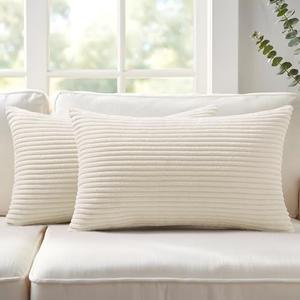 Mecatny Corduroy Decorative Throw Pillow Covers 12x20 Set of 2 for Sofa Living Room, Soft Neutral Boho Couch Pillow Covers for Home Decor, Cream White