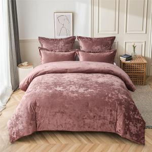 Fredsure Distressed Velvet Comforter Set, 5 Pieces Dusty Mauve Queen, Distressed Velvet Face and Brushed Microfiber Reverse