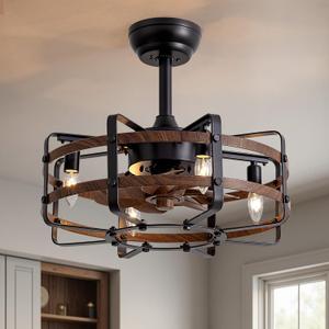 Caged Ceiling Fans with Light Farmhouse, 20 Inch Fandelier Vintage Bladeless Rustic Chandeliers Ceiling Fan Remote for Bedroom, Kitchen, Living Room, Dining Room (Walnut)