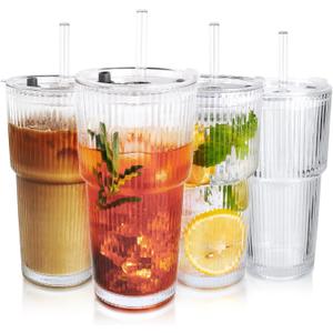 4PCS 20oz Glass Cups with Lids and Straws, Iced Coffee Cups with Lids, Stylish Ribbed Thick Drinking Glasses Tumbler for Juice, Smoothies, Cold Beverages, Cute Cup Gifts with Clean Brush